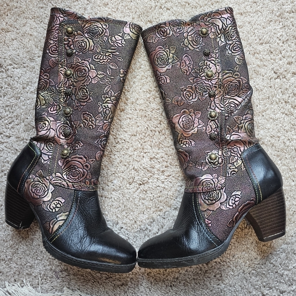 Womens Metallic Floral Boots Plush Inside Zip Size US 5